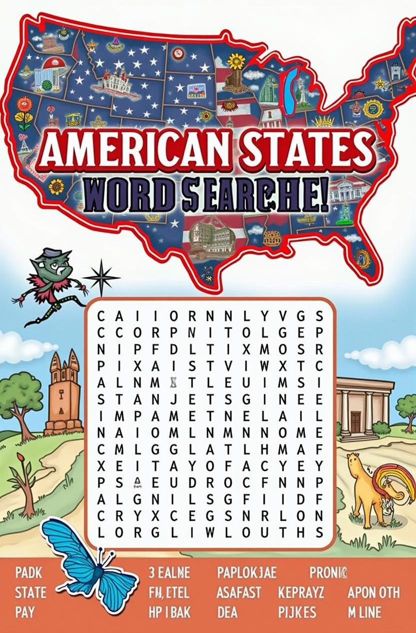 An engaging and colorful book cover design for 'American States Word Search'
