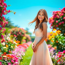 a beautiful woman with long flowing hair, wearing an elegant evening gown, standing gracefully in a blooming garden, surrounded by colorful flowers under a bright blue sky, showcasing a radiant smile, her eyes sparkling with joy