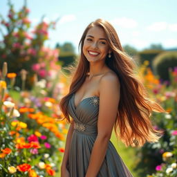 a beautiful woman with long flowing hair, wearing an elegant evening gown, standing gracefully in a blooming garden, surrounded by colorful flowers under a bright blue sky, showcasing a radiant smile, her eyes sparkling with joy