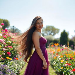 a beautiful woman with long flowing hair, wearing an elegant evening gown, standing gracefully in a blooming garden, surrounded by colorful flowers under a bright blue sky, showcasing a radiant smile, her eyes sparkling with joy