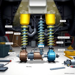 A detailed illustration of an air suspension system, showcasing the various components including air springs, compressors, control valves, and the overall suspension layout