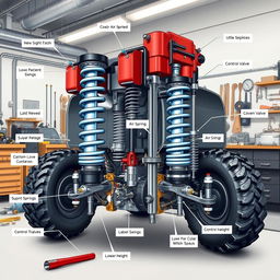 A detailed illustration of an air suspension system, showcasing the various components including air springs, compressors, control valves, and the overall suspension layout