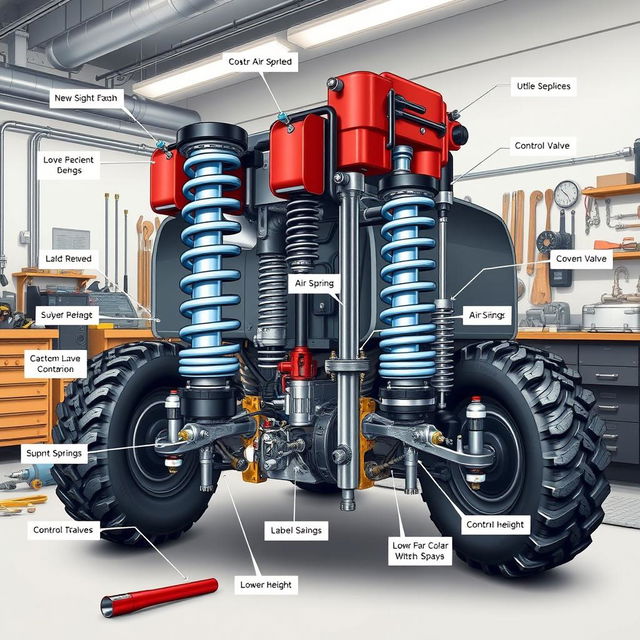 A detailed illustration of an air suspension system, showcasing the various components including air springs, compressors, control valves, and the overall suspension layout
