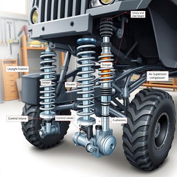 A detailed illustration of an air suspension system, showcasing the various components including air springs, compressors, control valves, and the overall suspension layout