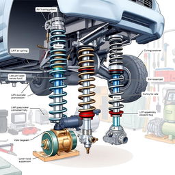 A detailed illustration of an air suspension system, showcasing the various components including air springs, compressors, control valves, and the overall suspension layout