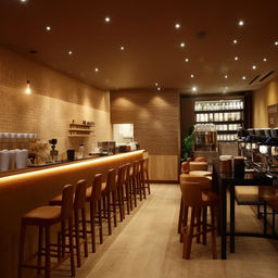 Interior design of a 10m x 10m coffee shop with a customer seating hall, comfortable furnishings, warm lighting, and a tastefully designed coffee bar.