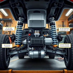 A detailed illustration of an advanced air suspension system, showcasing the various components including air springs, compressor unit, air lines, and control module, situated within the undercarriage of a modern vehicle