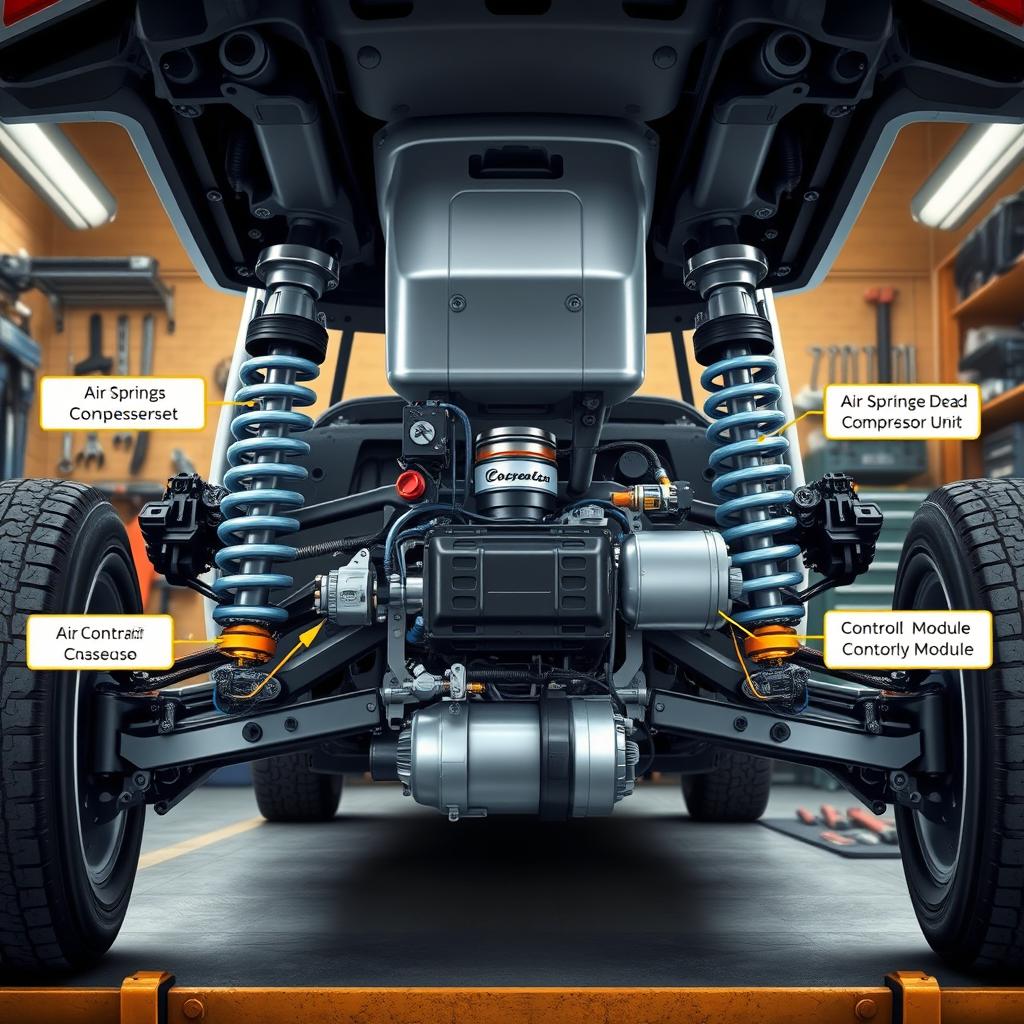 A detailed illustration of an advanced air suspension system, showcasing the various components including air springs, compressor unit, air lines, and control module, situated within the undercarriage of a modern vehicle