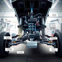 A detailed illustration of an advanced air suspension system, showcasing the various components including air springs, compressor unit, air lines, and control module, situated within the undercarriage of a modern vehicle