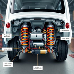 A detailed illustration of an advanced air suspension system, showcasing the various components including air springs, compressor unit, air lines, and control module, situated within the undercarriage of a modern vehicle