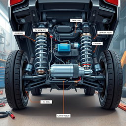 A detailed illustration of an advanced air suspension system, showcasing the various components including air springs, compressor unit, air lines, and control module, situated within the undercarriage of a modern vehicle