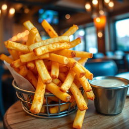 A vibrant and mouth-watering close-up photograph of a serving of golden-brown French fries piled high in a rustic basket, with a side of rich, creamy dipping sauce