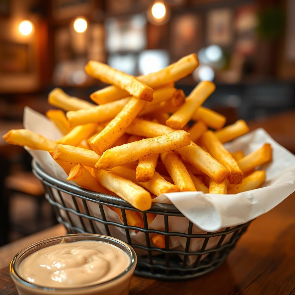 A vibrant and mouth-watering close-up photograph of a serving of golden-brown French fries piled high in a rustic basket, with a side of rich, creamy dipping sauce