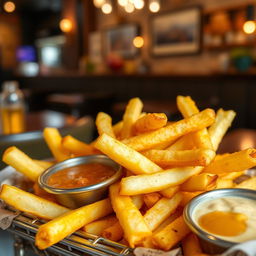 A vibrant and mouth-watering close-up photograph of a serving of golden-brown French fries piled high in a rustic basket, with a side of rich, creamy dipping sauce