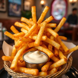 A vibrant and mouth-watering close-up photograph of a serving of golden-brown French fries piled high in a rustic basket, with a side of rich, creamy dipping sauce