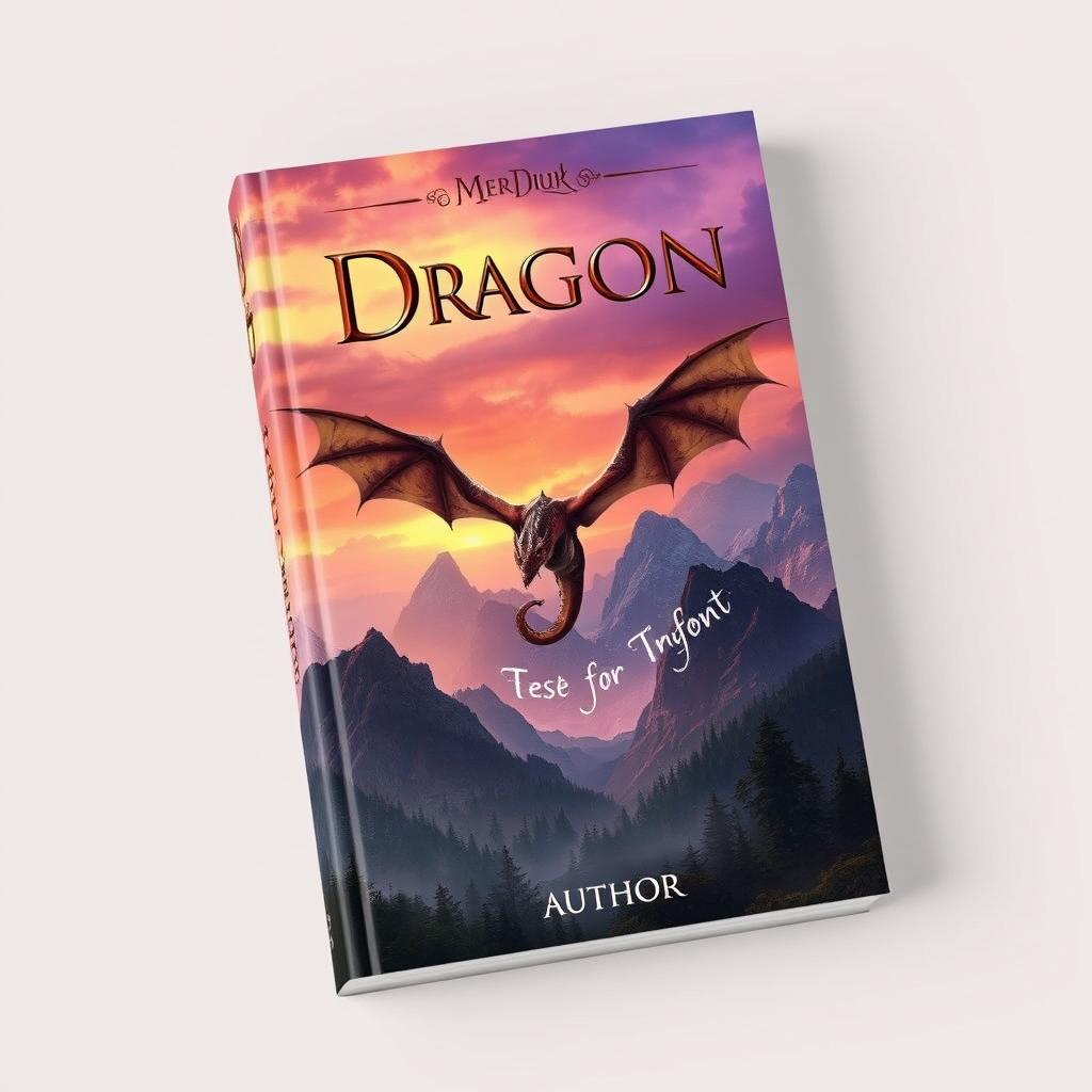 A captivating book cover design featuring an epic fantasy landscape with towering mountains, a mystical forest in the foreground, and a glowing sunset sky painted in shades of orange and purple