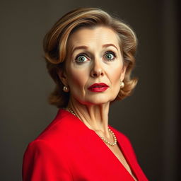 A stunning 50-year-old woman dressed in a vibrant red outfit stands facing the camera with a surprised expression