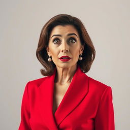A stunning 50-year-old woman dressed in a vibrant red outfit stands facing the camera with a surprised expression