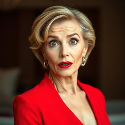 A stunning 50-year-old woman dressed in a vibrant red outfit stands facing the camera with a surprised expression