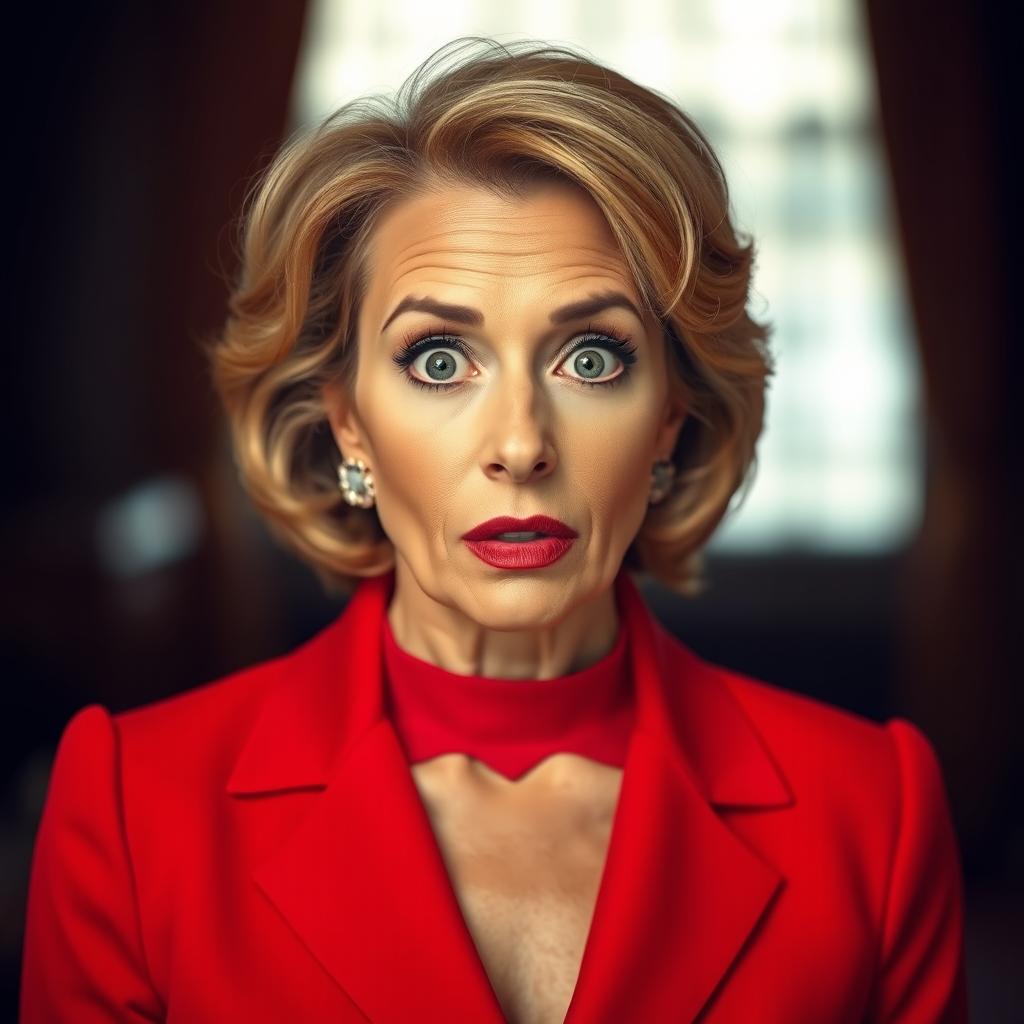 A stunning 50-year-old woman dressed in a vibrant red outfit stands facing the camera with a surprised expression