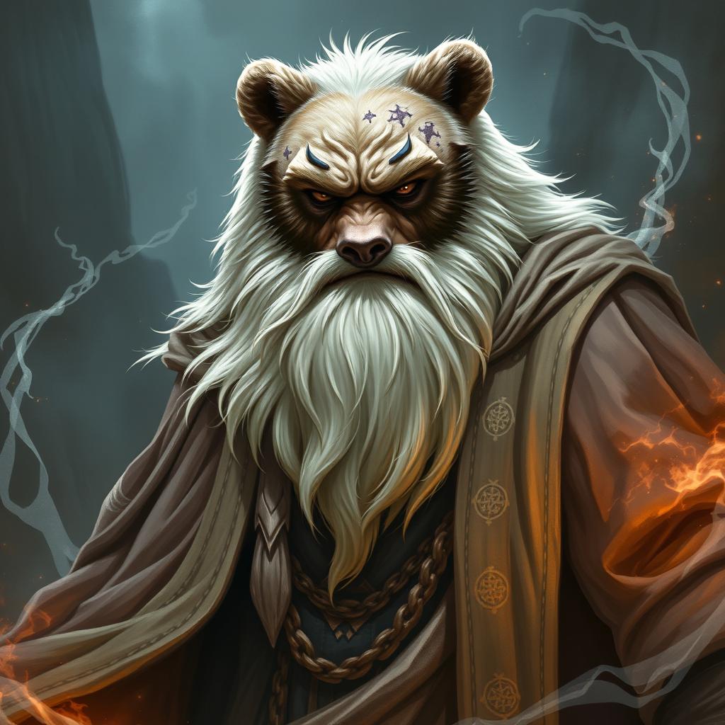 A towering 6'3" bear shifter with a long white beard, wearing flowing wizard's robes that conceal his massive, muscular frame