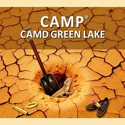 A title page for a presentation themed around Camp Green Lake, featuring a desert-inspired background with cracked, dry soil that reflects a warm, arid environment