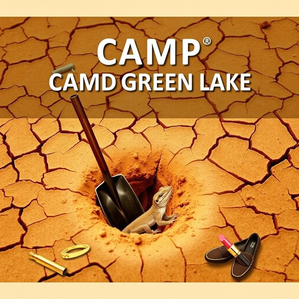 A title page for a presentation themed around Camp Green Lake, featuring a desert-inspired background with cracked, dry soil that reflects a warm, arid environment