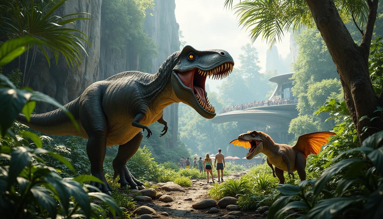 A breathtaking scene set in a lush, prehistoric jungle inspired by Jurassic World, featuring towering ferns, massive rocky cliffs, and vivid, vibrant flora