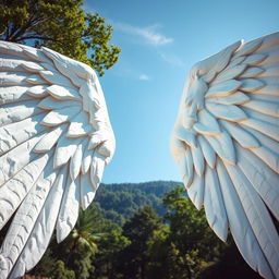 A large, white stone wing fully opened, showcasing intricate details and textures of the stone surface