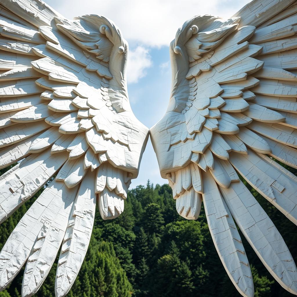 A large, white stone wing fully opened, showcasing intricate details and textures of the stone surface