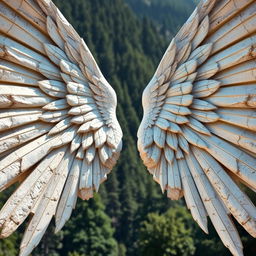 A large, white stone wing fully opened, showcasing intricate details and textures of the stone surface