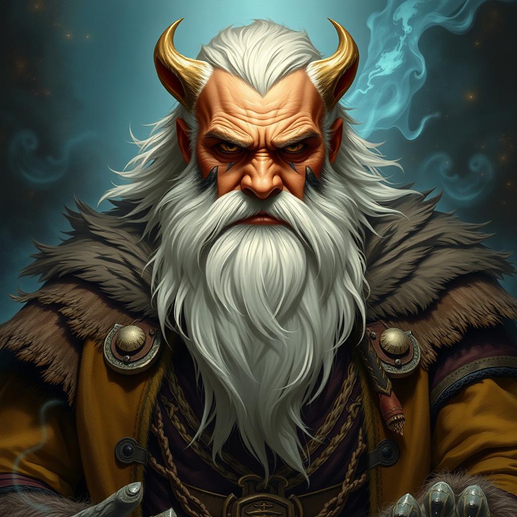 A 6'3" muscular human with bear-like features, including a long white beard and prominent facial scars
