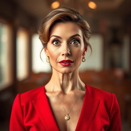 A stunning 50-year-old woman dressed in a striking red outfit stands front-facing, gazing directly at the camera with a surprised expression