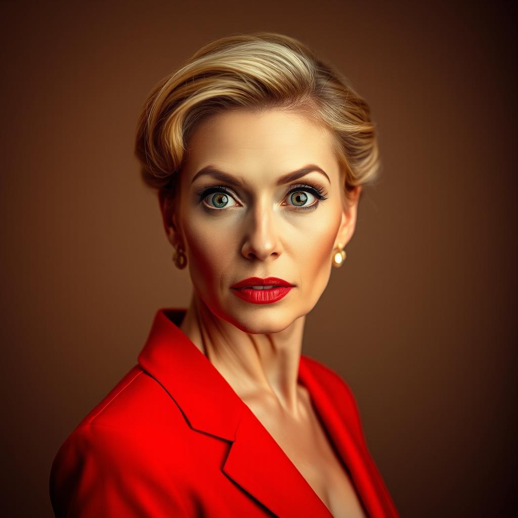 A stunning 50-year-old woman dressed in a striking red outfit stands front-facing, gazing directly at the camera with a surprised expression