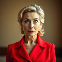 A stunning 50-year-old woman dressed in a striking red outfit stands front-facing, gazing directly at the camera with a surprised expression