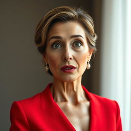 A stunning 50-year-old woman dressed in a striking red outfit stands front-facing, gazing directly at the camera with a surprised expression