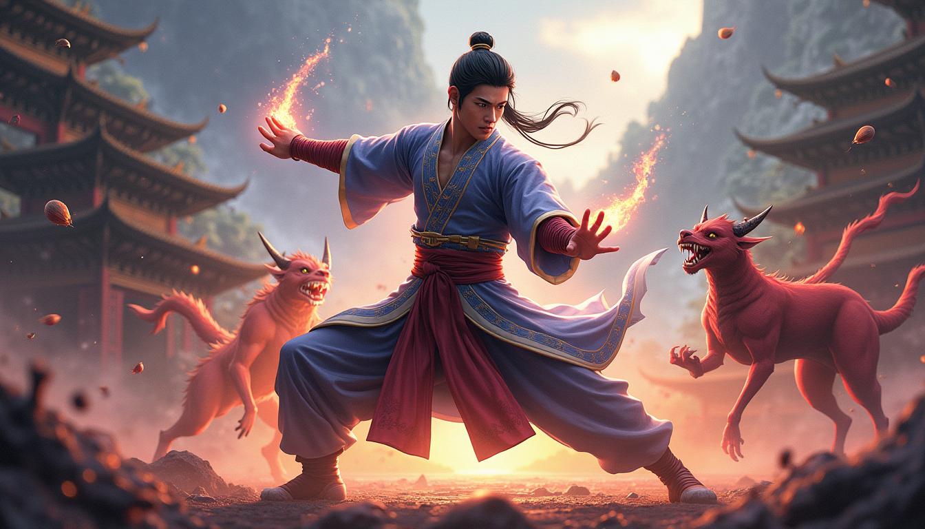 A dynamic and visually stunning scene inspired by Shang-Chi 2, featuring Shang-Chi in an action pose, showcasing his martial arts prowess