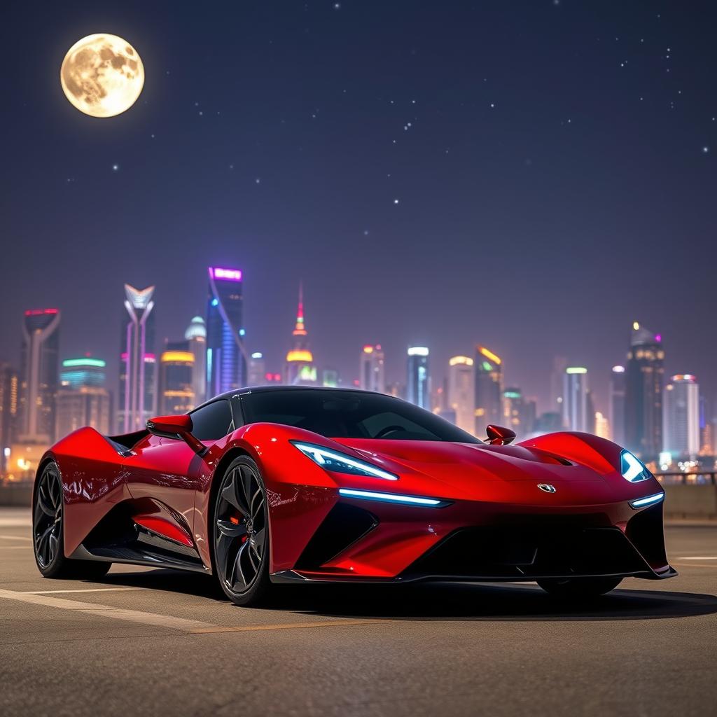A sleek, futuristic sports car parked under a starry night sky, with vibrant city lights reflected on its shiny surface