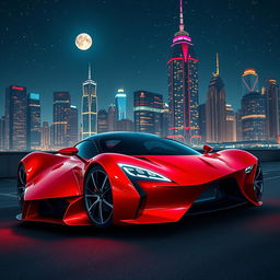 A sleek, futuristic sports car parked under a starry night sky, with vibrant city lights reflected on its shiny surface