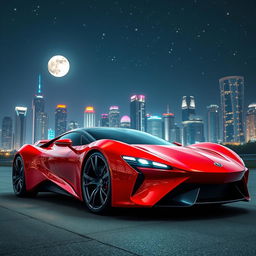 A sleek, futuristic sports car parked under a starry night sky, with vibrant city lights reflected on its shiny surface