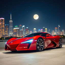 A sleek, futuristic sports car parked under a starry night sky, with vibrant city lights reflected on its shiny surface
