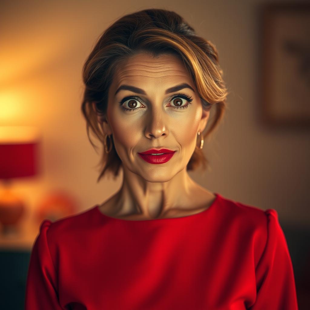 A beautiful 50-year-old woman wearing a vibrant red outfit stands front-facing, looking directly at the camera with a surprised expression