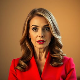 A beautiful 50-year-old woman wearing a vibrant red outfit stands front-facing, looking directly at the camera with a surprised expression