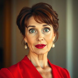 A beautiful 50-year-old woman wearing a vibrant red outfit stands front-facing, looking directly at the camera with a surprised expression