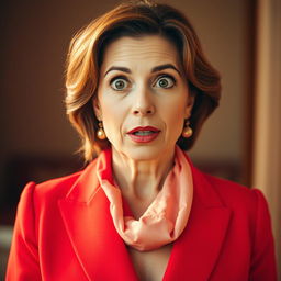 A beautiful 50-year-old woman wearing a vibrant red outfit stands front-facing, looking directly at the camera with a surprised expression