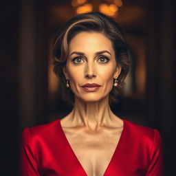 A beautiful 50-year-old woman dressed in a stunning red outfit stands directly facing the camera with a look of surprise on her face