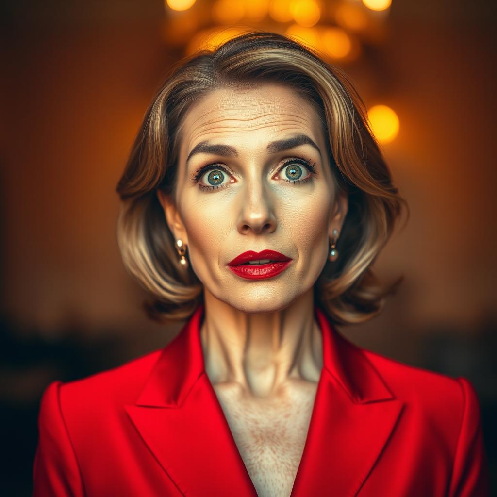 A beautiful 50-year-old woman dressed in a stunning red outfit stands directly facing the camera with a look of surprise on her face