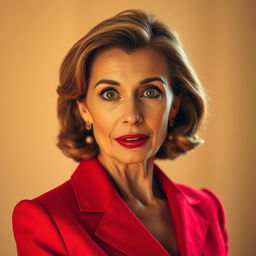 A beautiful 50-year-old woman dressed in a stunning red outfit stands directly facing the camera with a look of surprise on her face