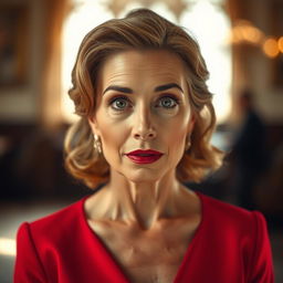 A beautiful 50-year-old woman dressed in a stunning red outfit stands directly facing the camera with a look of surprise on her face