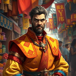 A human male mercant guild master in a vibrant attire, surrounded by colorful merchant wares